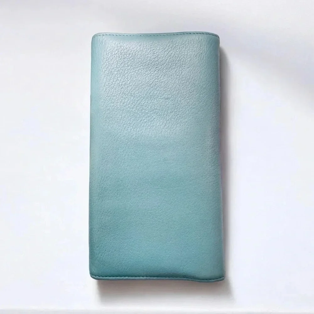 Rare Bvlgari Double Logo Blue Leather Flap Trifold Long Wallet